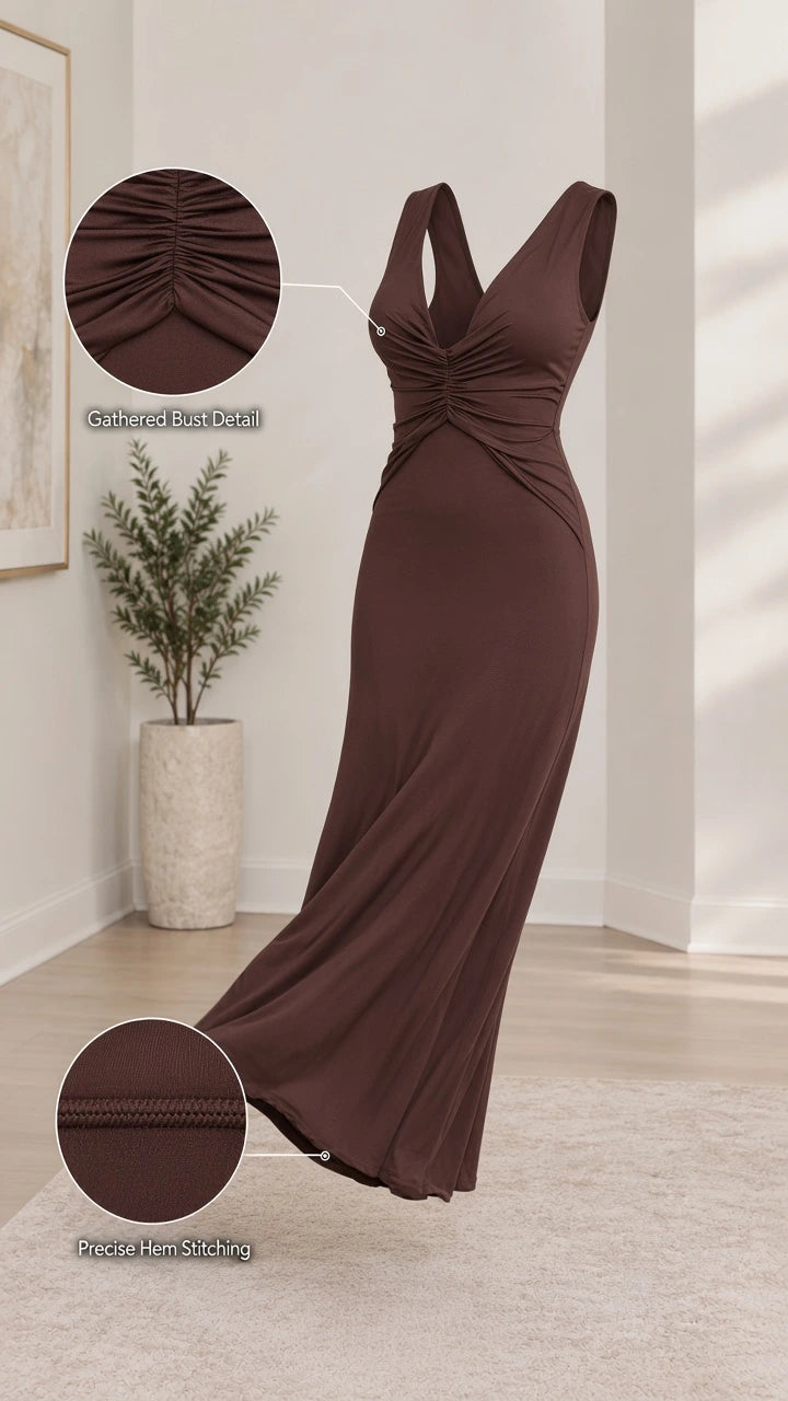 Brown dress product details highlighting gathered bust and precise hem stitching