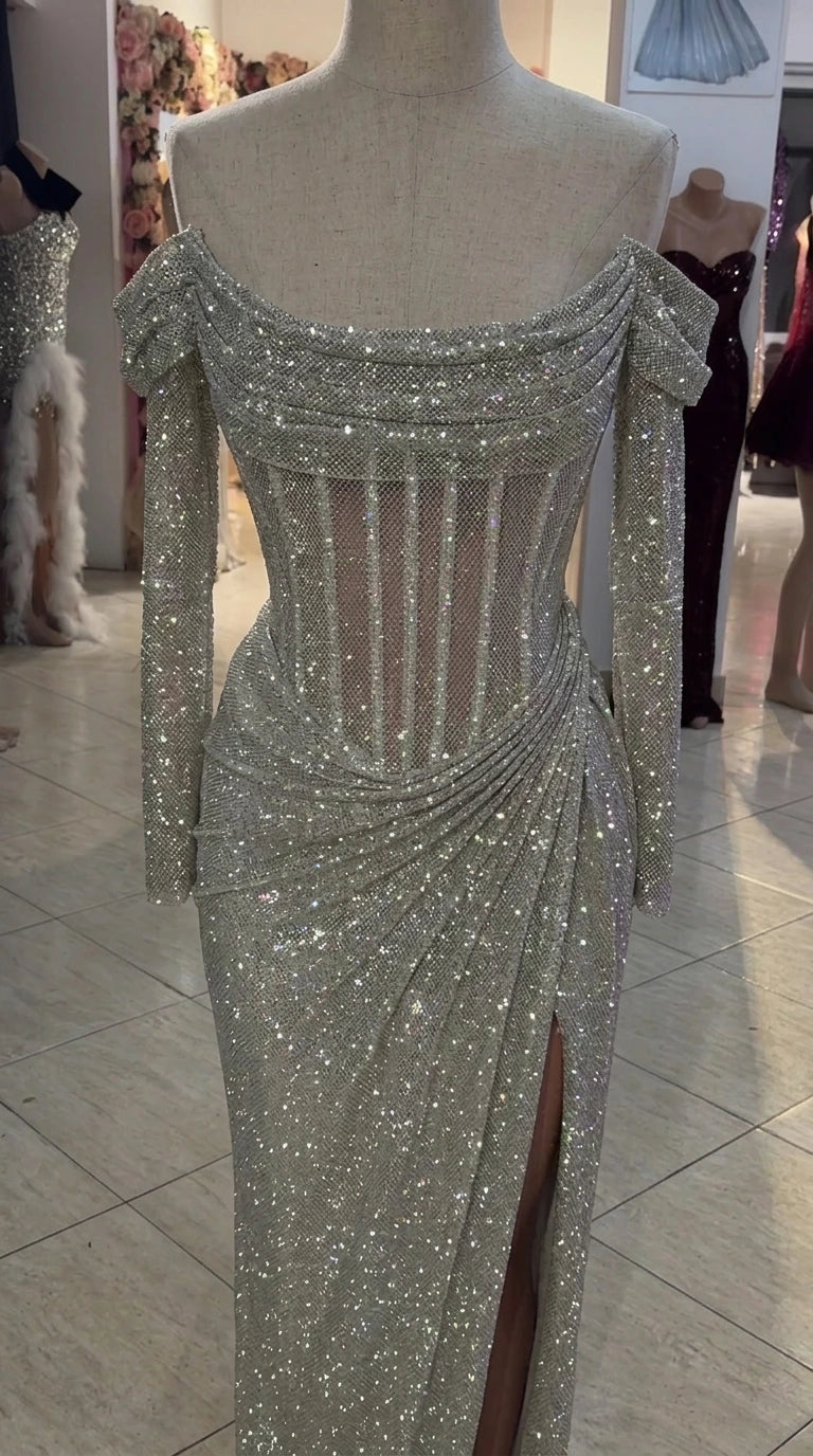 Mannequin close-up of silver glitter off-shoulder corset bodice with boning details