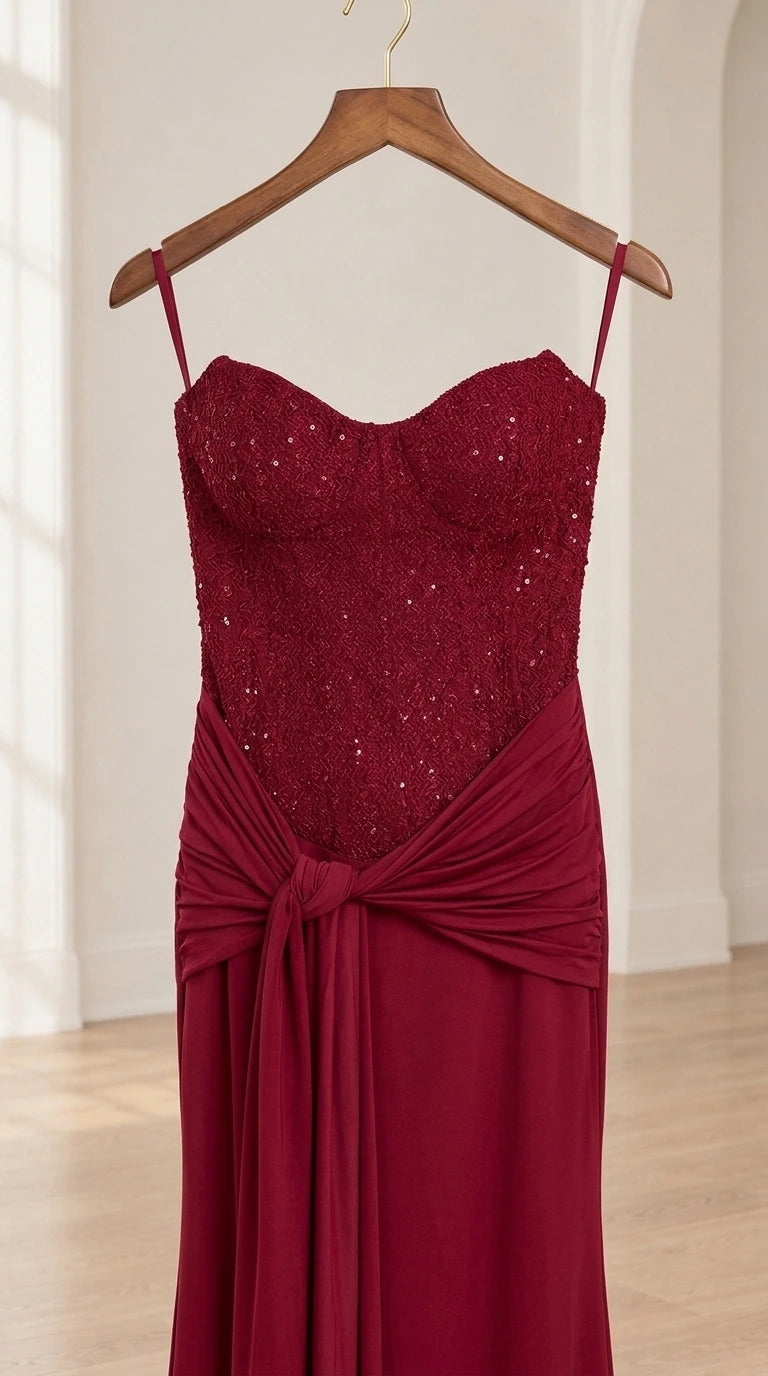 Close-up detail on hanger showing embellished corset bodice and front knot draping