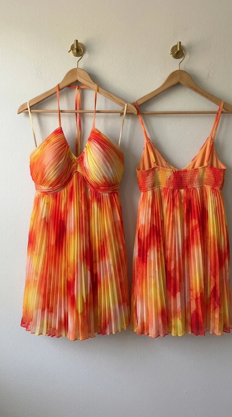 Front and back hanger view of orange multi pleated halter mini dress with smocked back