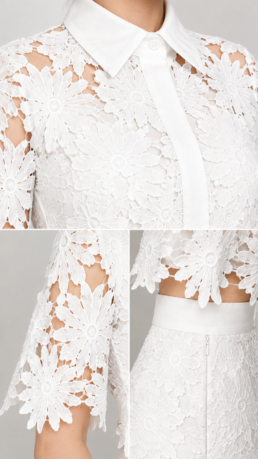 Close-up details of collar, lace cutwork, scalloped crop hem, and waistband