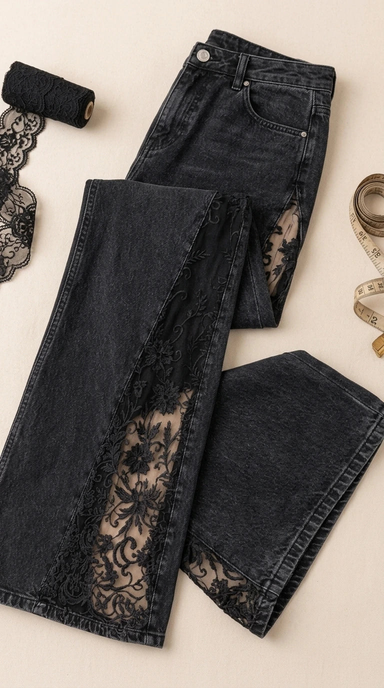 Flat lay view of washed black flare jeans detailing sheer floral lace panel embroidery and denim texture