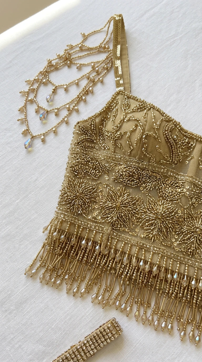 Close-up flat lay of gold beaded bodice with intricate sequin patterns and beaded shoulder swags