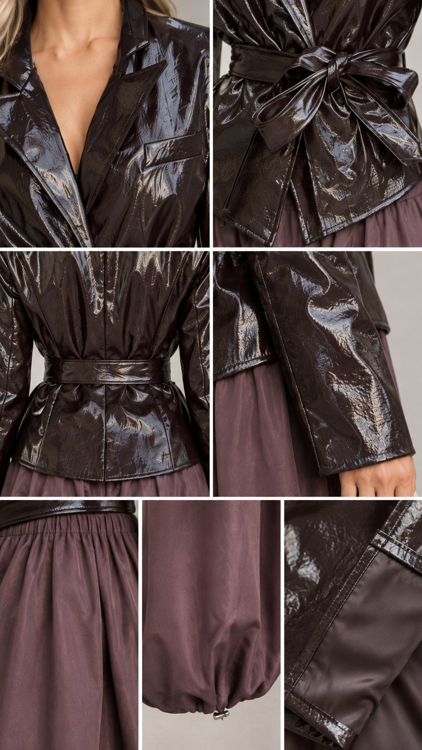 Detail collage showing notched collar, self-tie belt, back jacket waist, cuff, and gathered pant hem