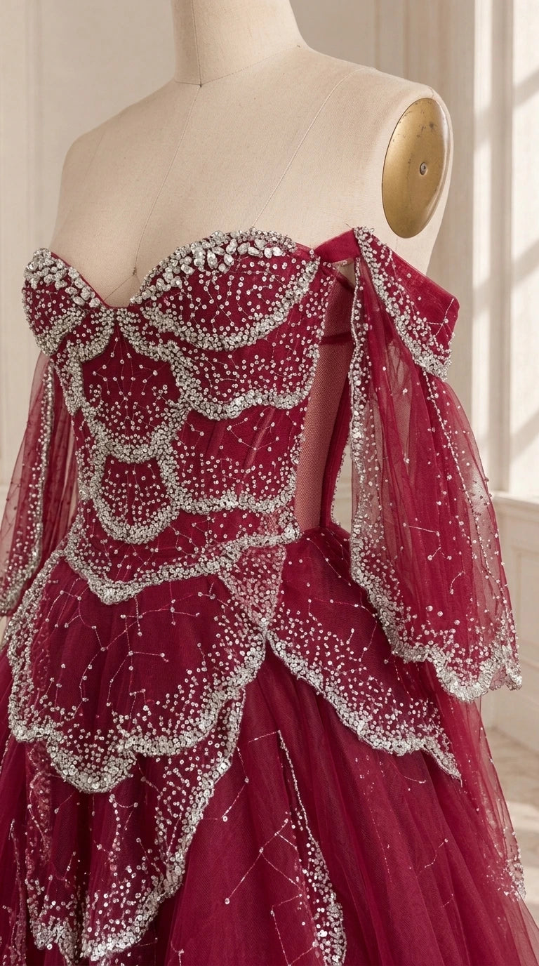 Close-up detail of burgundy corset bodice with silver beaded scalloped petal overlay