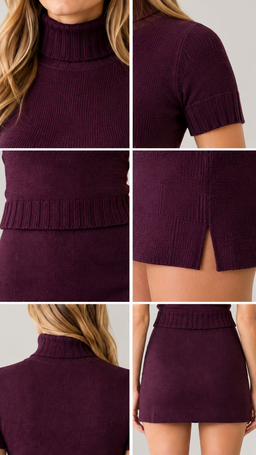 Close-up details of ribbed turtleneck collar, sleeve cuffs, waistband, and mini skirt side hem slit