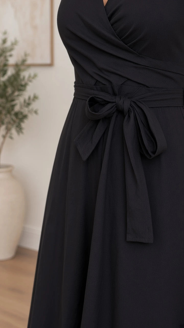 Close-up detail of crossover bodice and bow tie waist on black dress