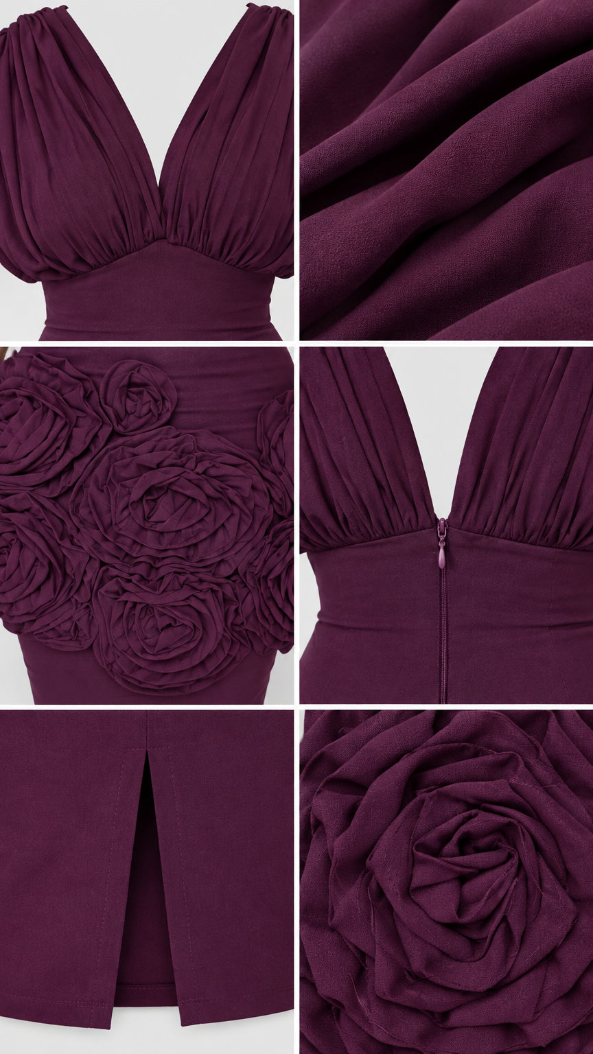 Close-up detail shots of the gathered V-neckline, fabric texture, 3D rosette craft, zipper, and hem vent