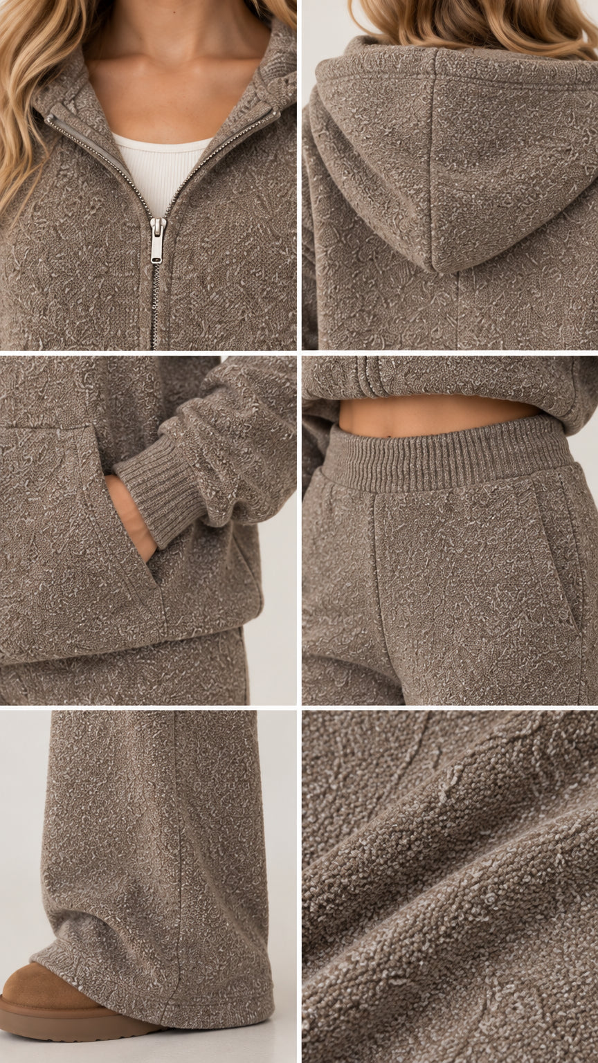 Close-up details of taupe textured fabric, zip closure, hood, cuffs, and waistband