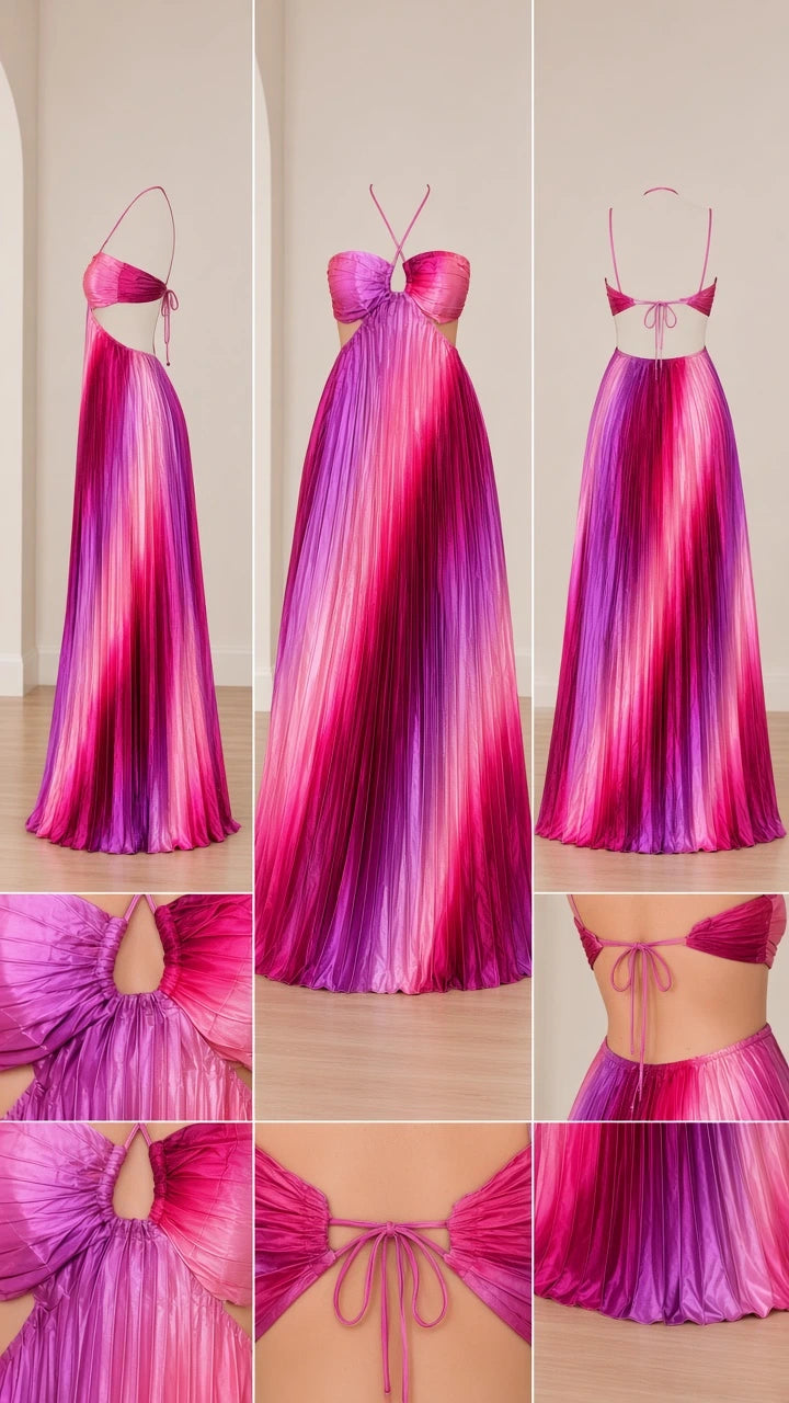 Product flat lay and detail collage of magenta ombre pleated cutout dress