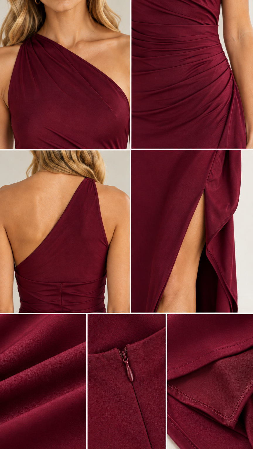 Detailed close-up collage of neckline, ruched waist, side slit, zipper, and fabric texture on burgundy dress