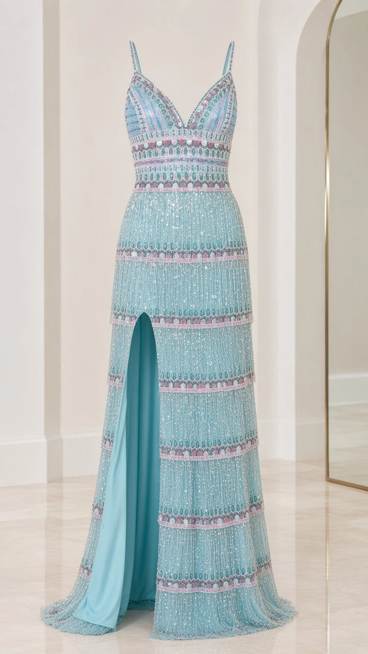 Front product view of light blue embellished maxi gown with V-neckline