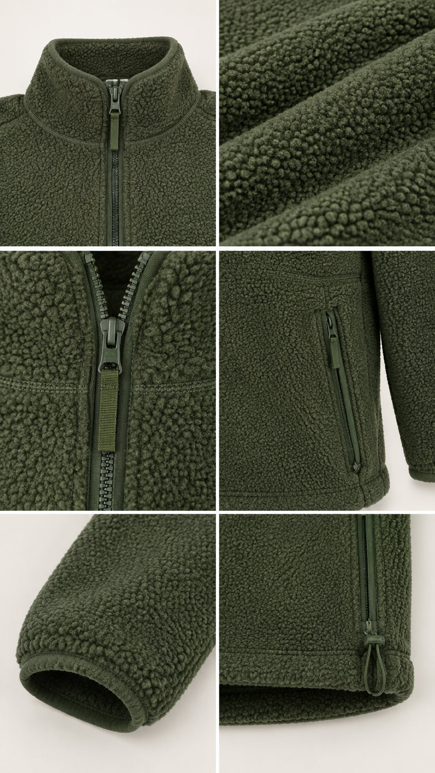 Close-up details of army green fleece pullover collar, zipper, textured fabric, pocket, cuff, and toggle hem