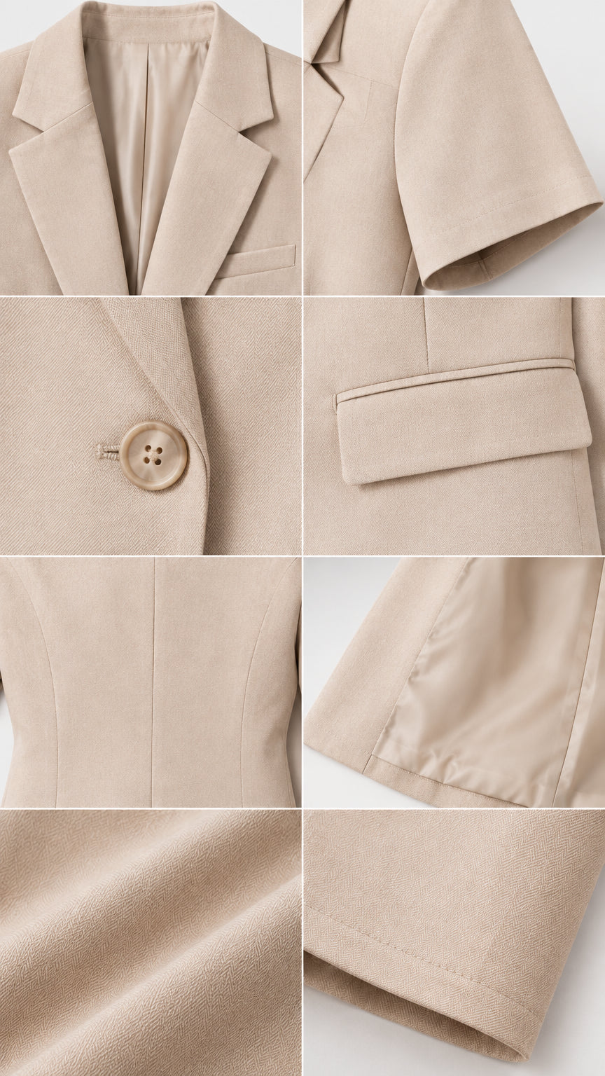 Close-up detail shots of beige blazer showing lapels, sleeves, single button, flap pocket, seams, and fabric texture
