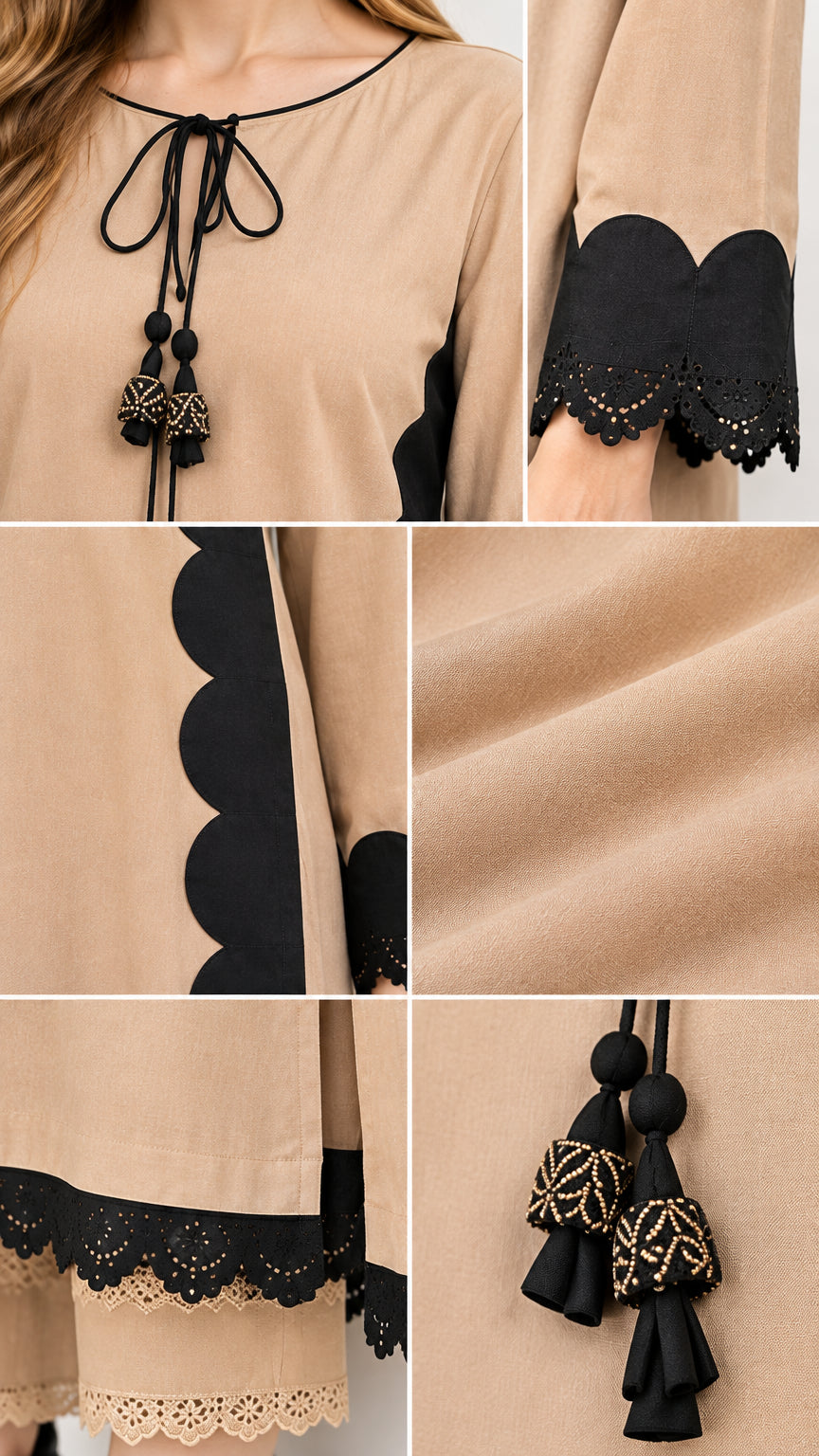 Close-up details of tassel tie neckline, scalloped sleeve trim, and fabric texture