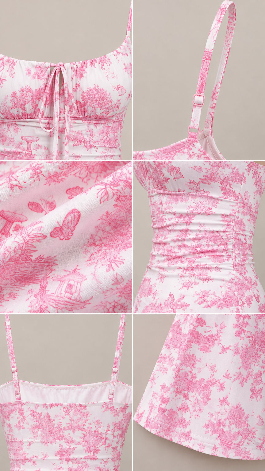 Close-up details of front tie, adjustable straps, toile fabric, and side ruching