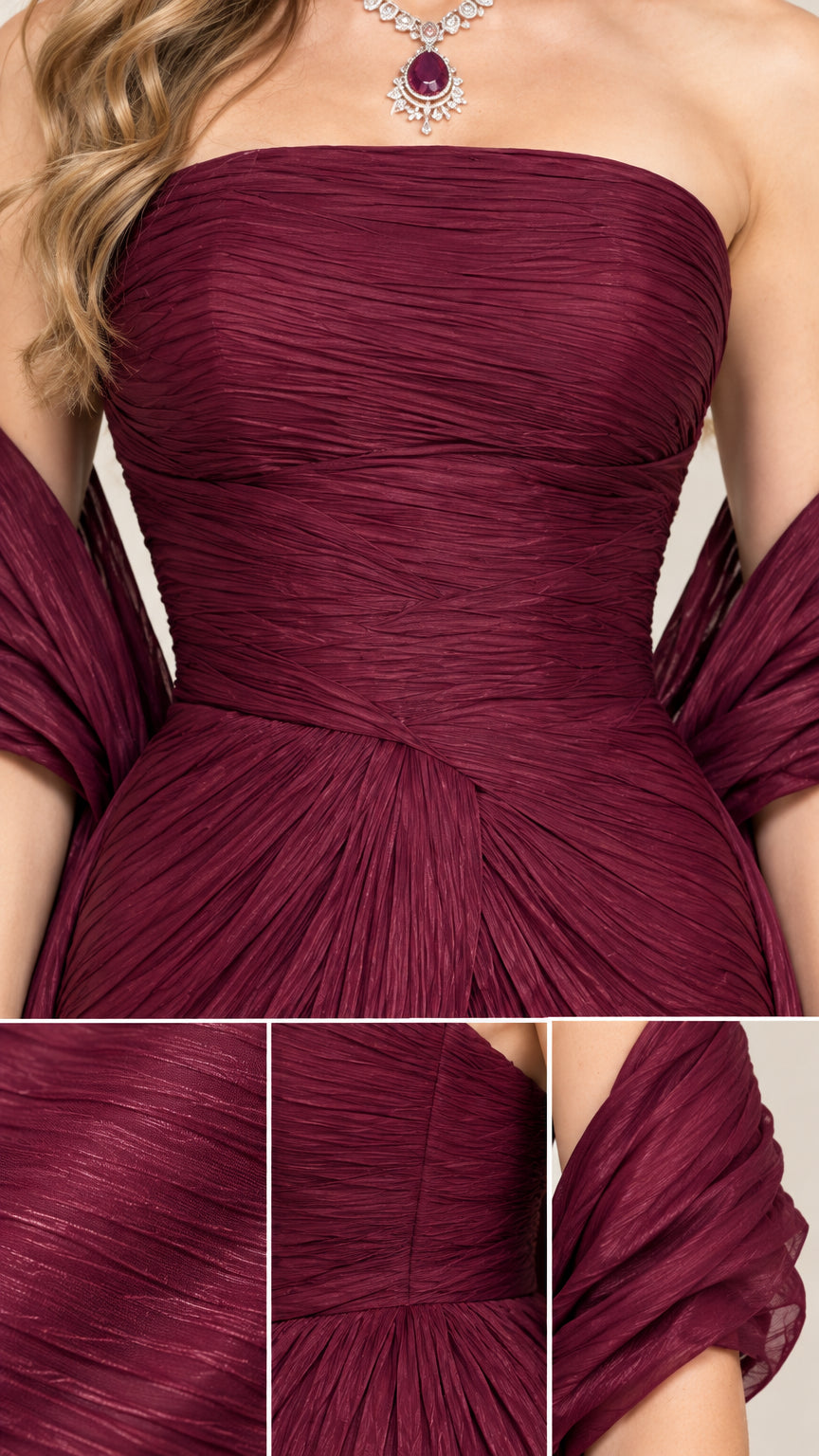 Close-up detail collage of the micro-pleated strapless bodice and textured shawl in burgundy