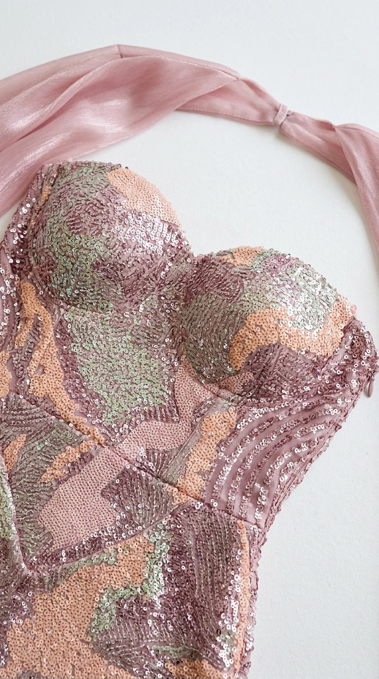 Close-up detail of sweetheart neckline and geometric sequin embroidery on dusty pink gown