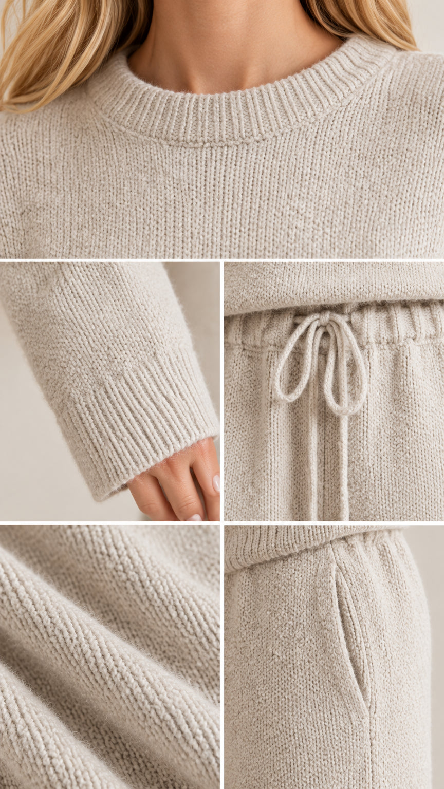 Close-up details of knit fabric, crew neckline, ribbed cuffs, drawstring waistband, and side pocket