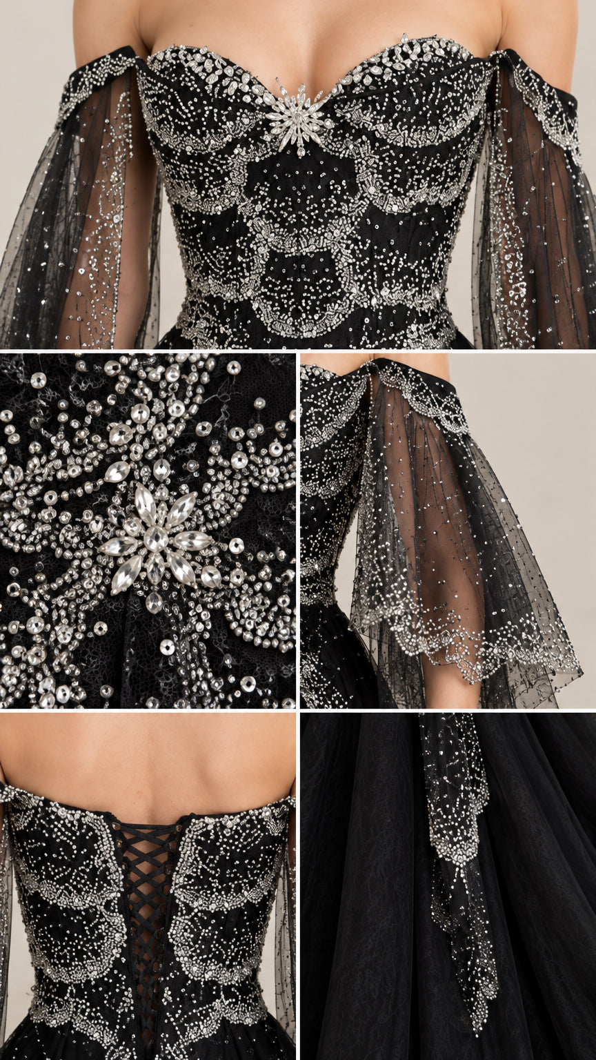 Detailed close-up collage of sweetheart bodice, beadwork, bell sleeves, and lace-up back