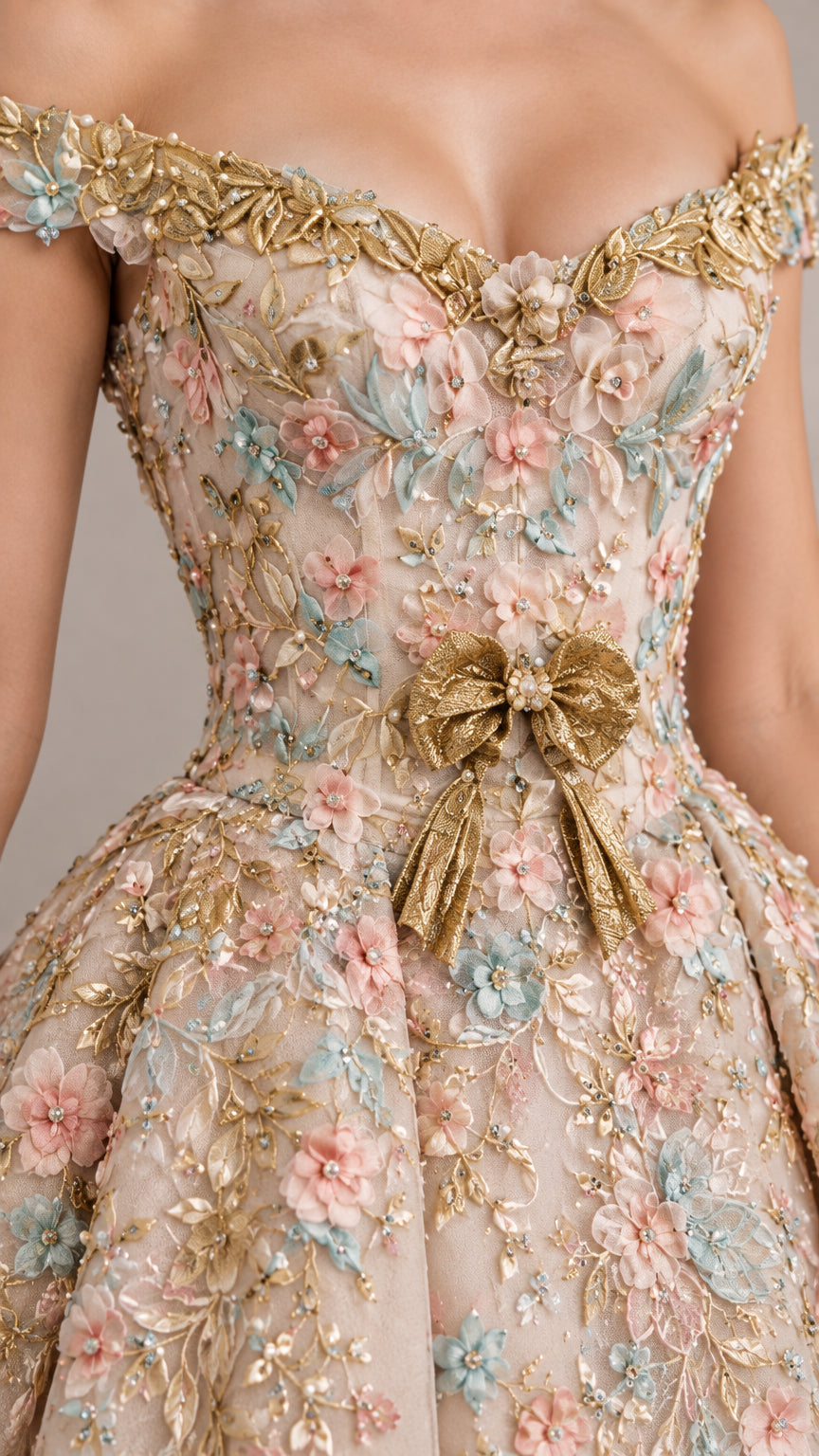 Close-up of champagne bodice featuring 3D floral embroidery and bow accent