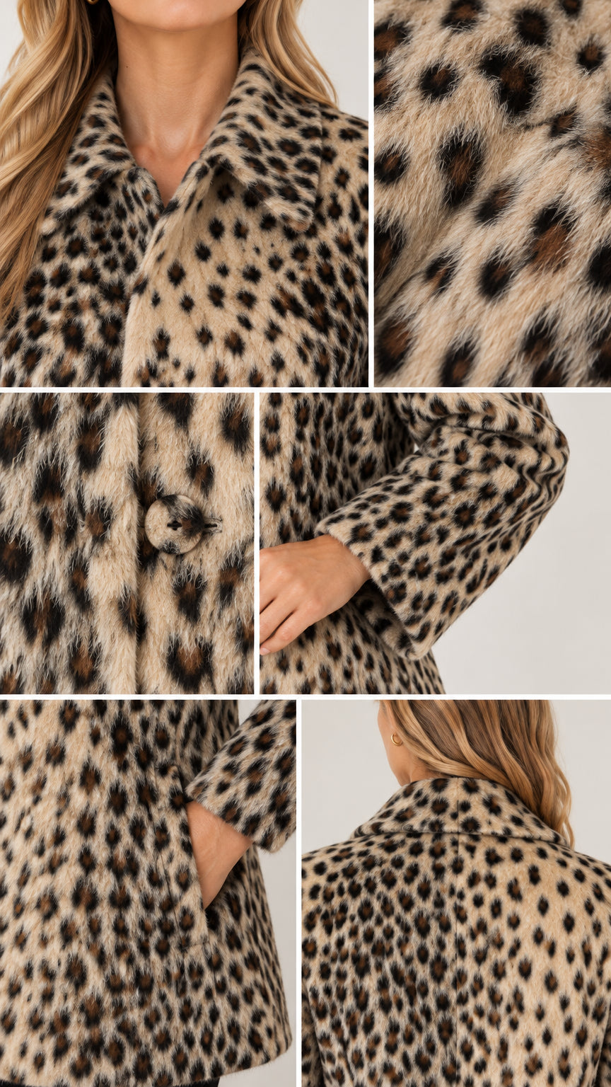 Close-up details of leopard coat collar, brushed texture, button closure, cuff, and side pocket