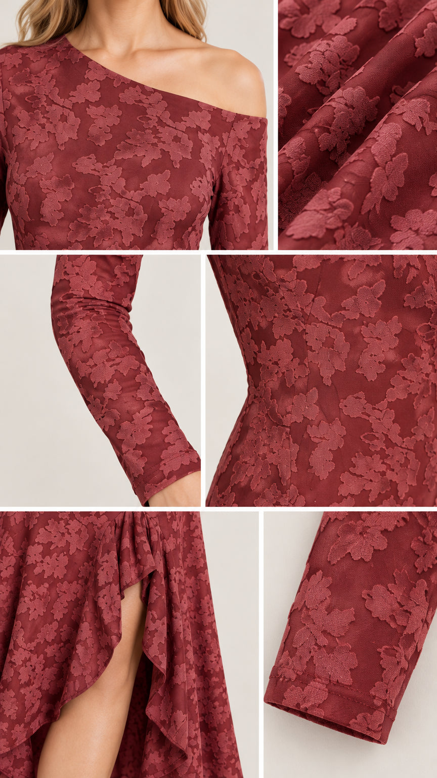 Close-up details of Wine Red floral jacquard fabric texture, one-shoulder neckline, sleeve cuff, and ruffle slit