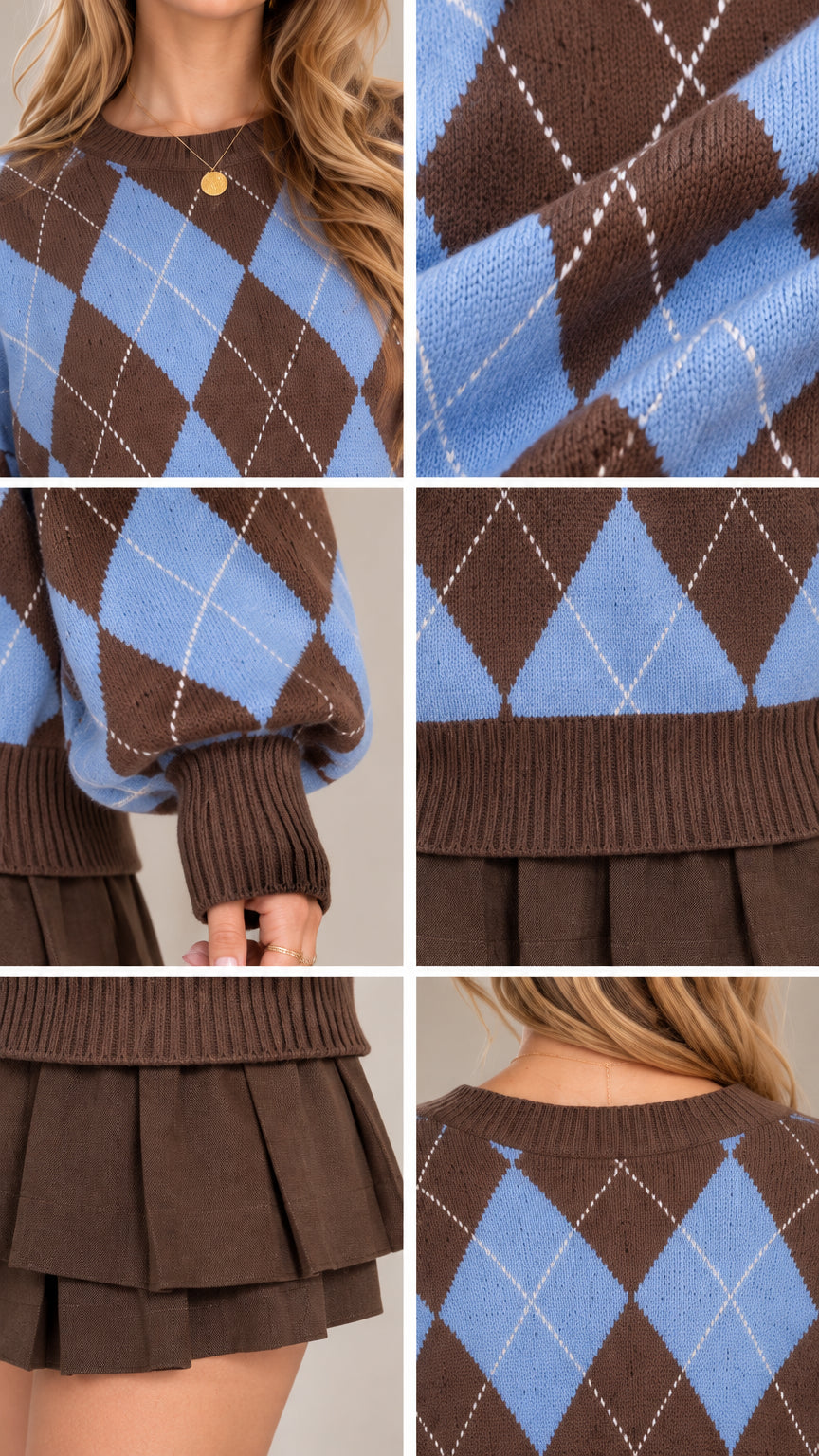 Close-up details of ribbed crew neckline, argyle knit pattern, and ribbed cuffs