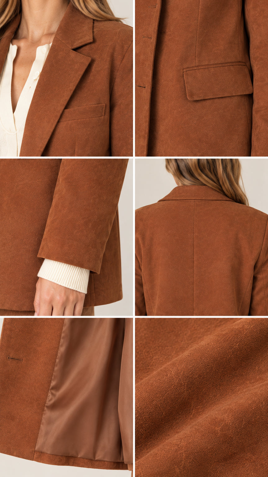 Close-up detail collage of brown corduroy blazer lapel, flap pocket, sleeve cuff, and textured fabric