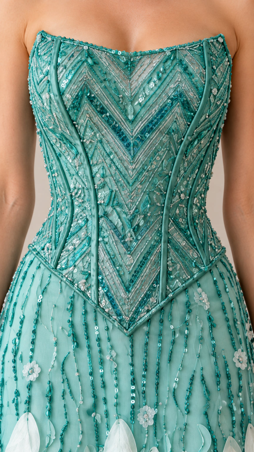 Close-up detail of geometric chevron beadwork and sequins on the aqua teal corset bodice