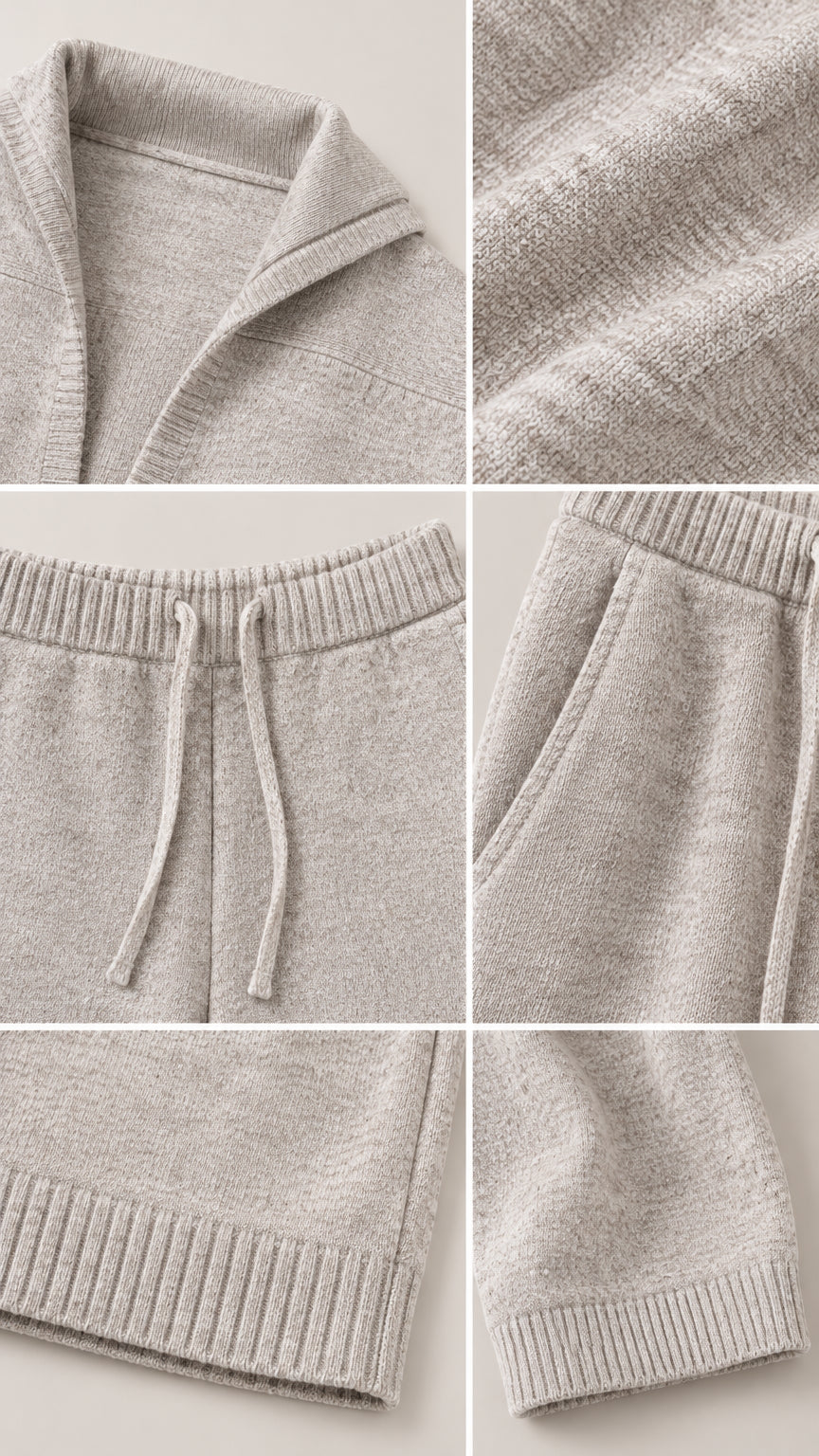 Close-up detail shots showing knit texture, hood, drawstring waistband, side pocket, and ribbed hem
