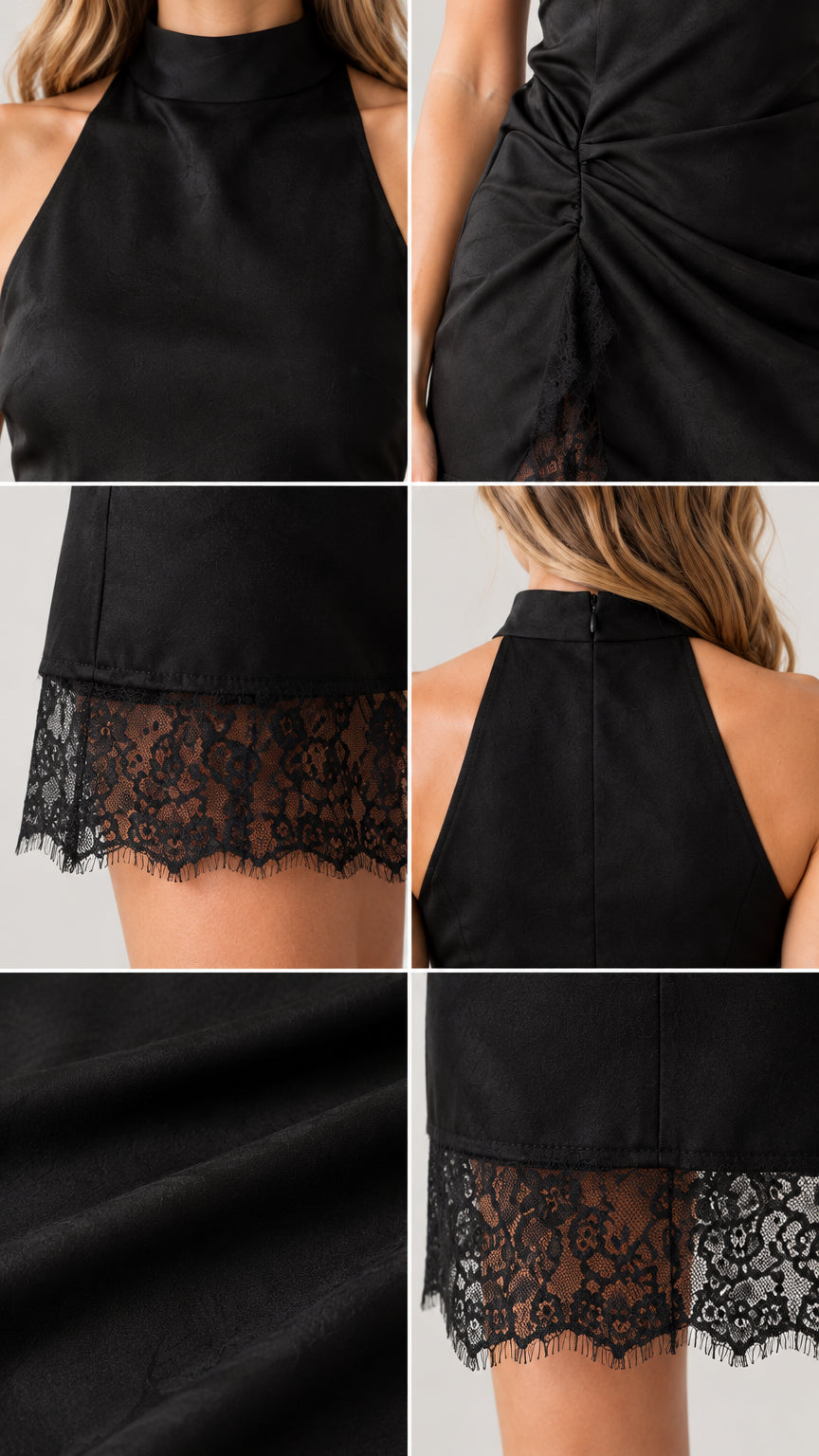 Detailed collage showing mock neckline, side ruching knot, and eyelash lace hem