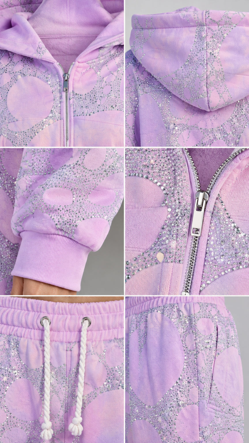 Close-up detail shots of rhinestone embellishments, metal zipper, ribbed cuffs, and drawstring waistband