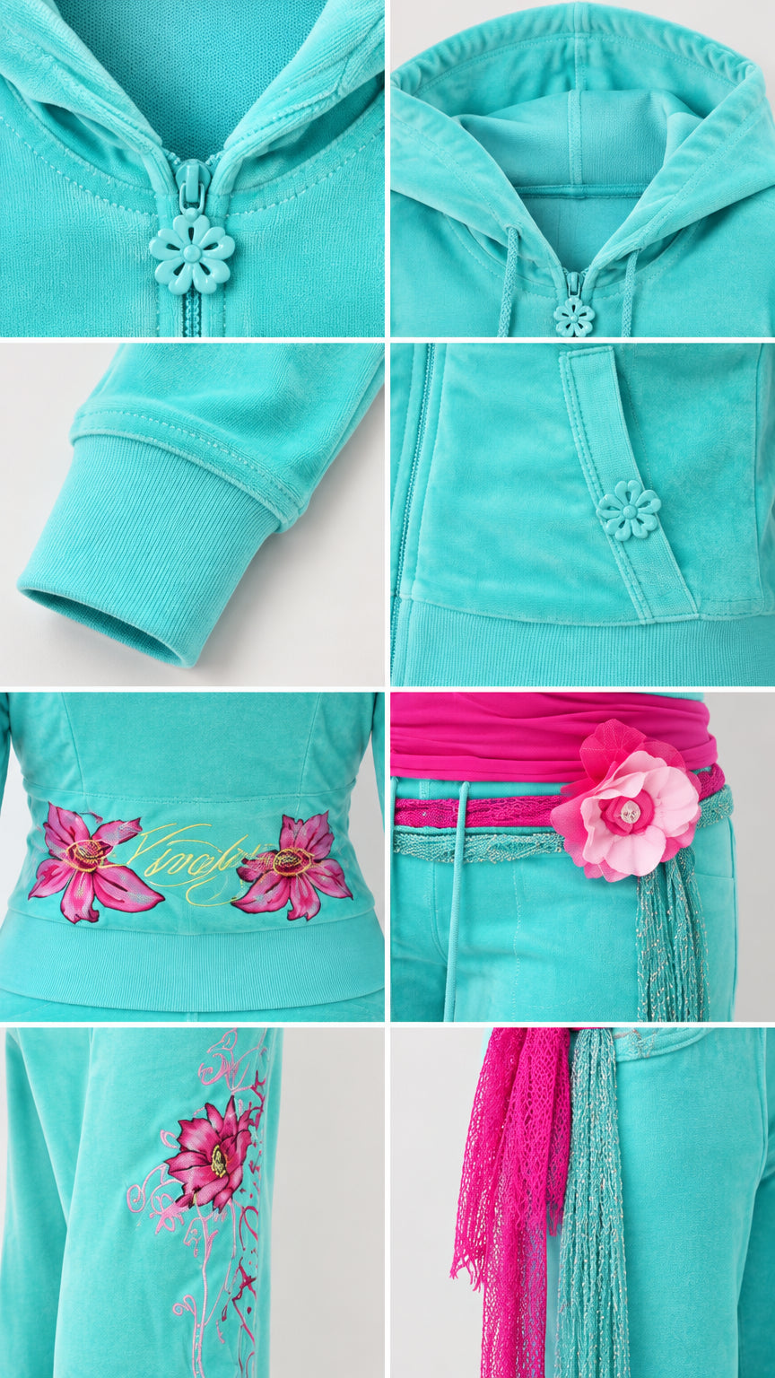 Close-up details of turquoise velour tracksuit showing floral zipper pull, hood, cuff, pocket, and embroidery