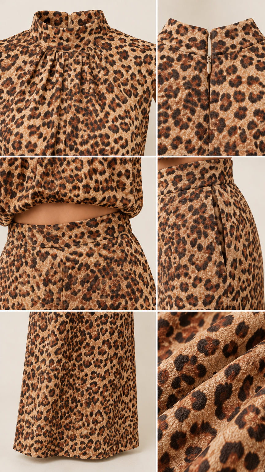 Close-up detail shots showing neckline, zipper closure, waistband, and leopard print fabric texture