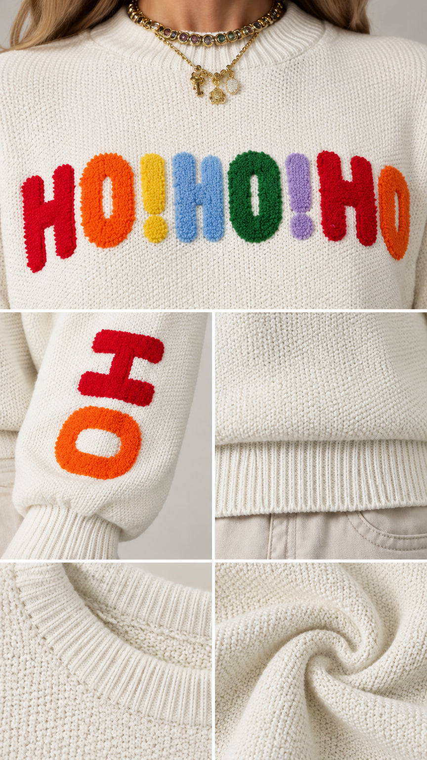 Close-up details of ribbed crewneck, textured Ho Ho Ho embroidery, cuff, and knit fabric