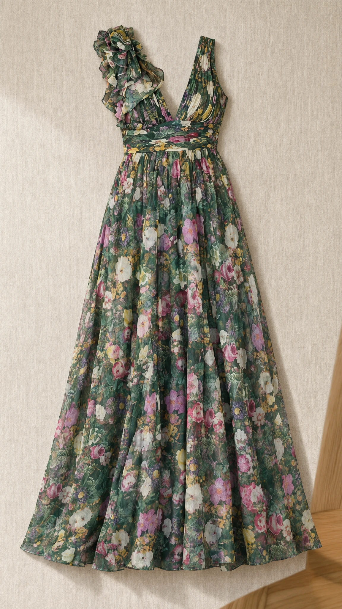 Green floral sleeveless maxi gown with ruffle shoulder accent displayed flat