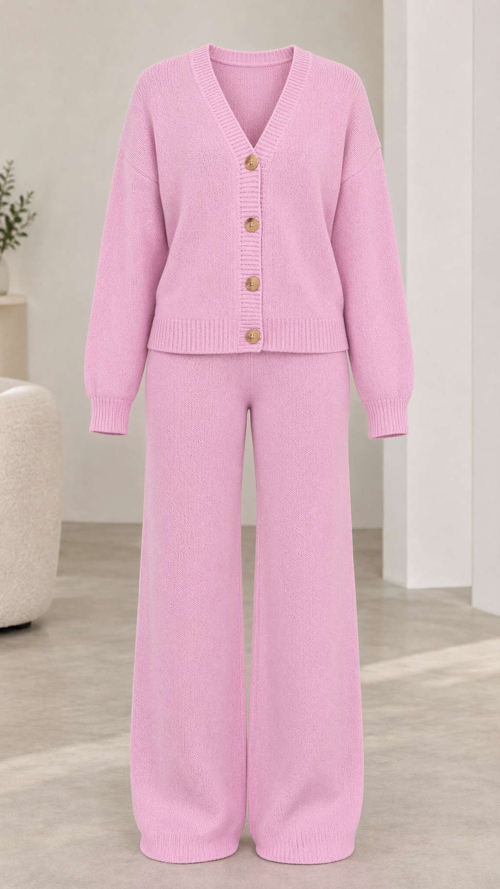 Garment layout of pink knit cardigan and matching wide-leg pants two-piece set