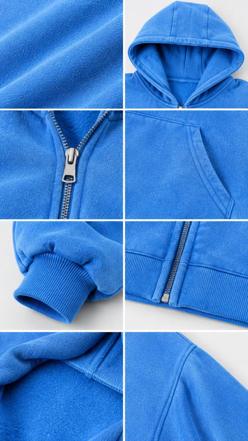 Close-up details of the blue fleece hoodie showing brushed lining, zipper, pocket, and ribbed hem