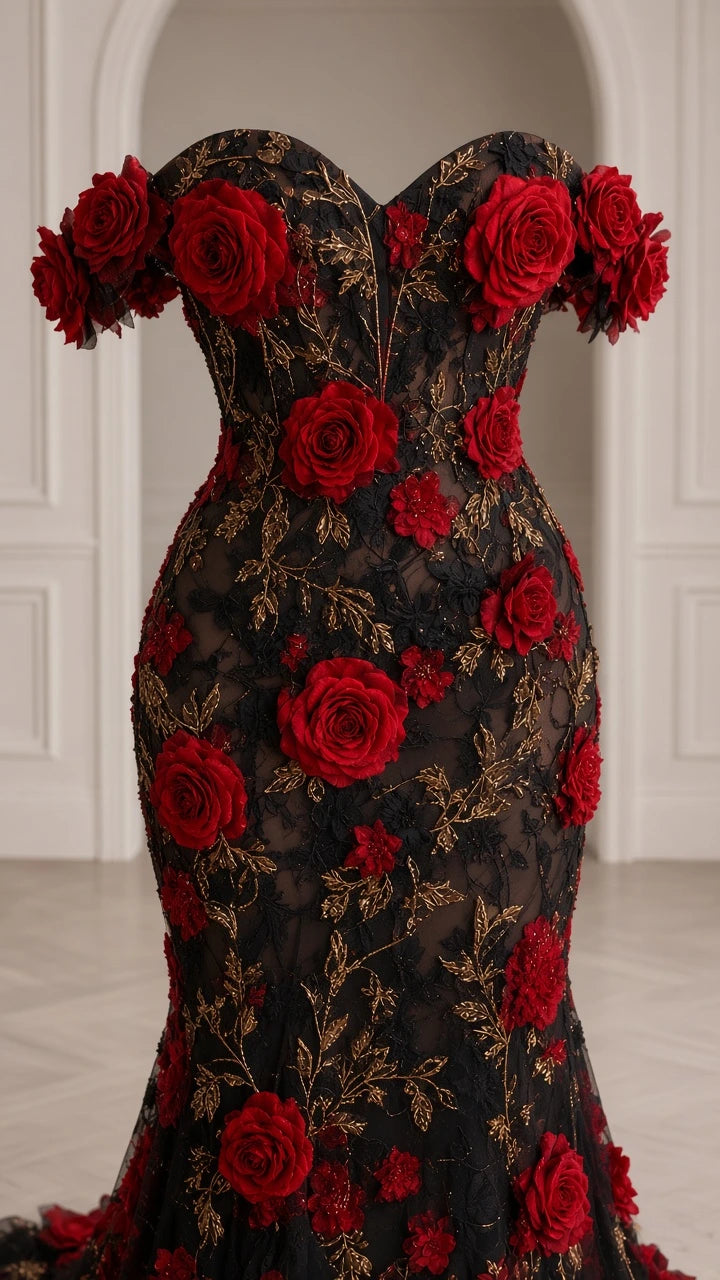 Close up of structured sweetheart bodice with red 3D rose appliqués and embroidered overlay