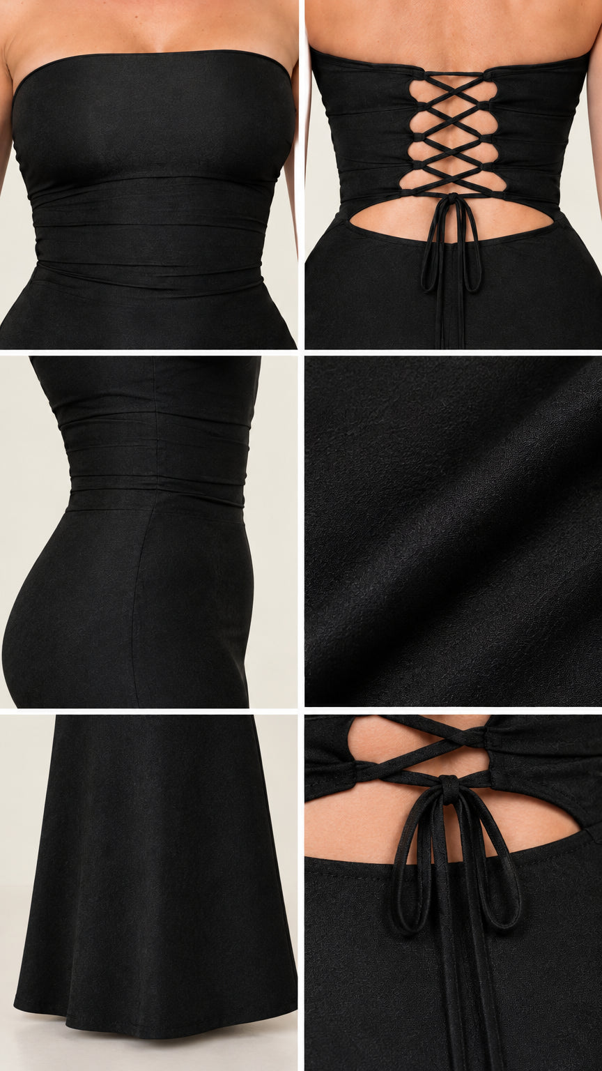 Close-up detail shots of bandeau neckline, lace-up back, and fabric texture of black gown