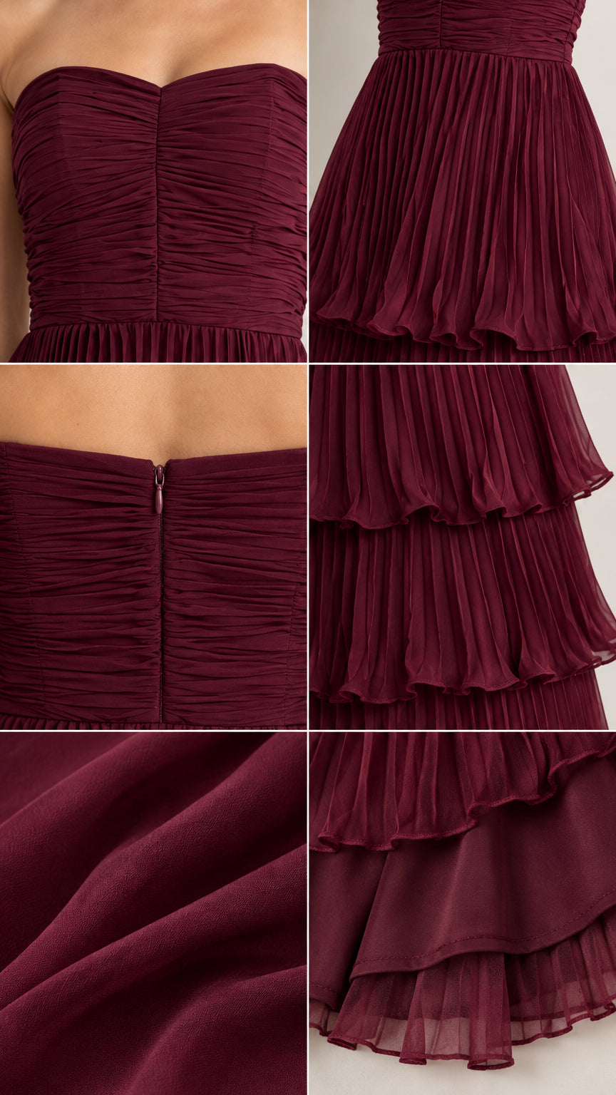 Close-up details of ruched bodice, pleats, zipper, and tiered hem in burgundy