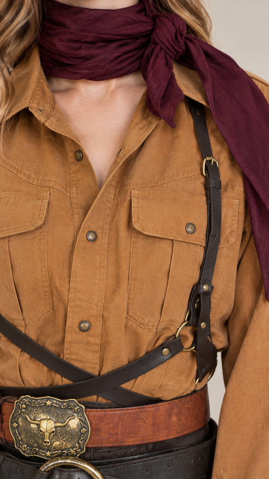 Close up view of caramel western button down shirt showing collar, chest flap pockets, and button placket