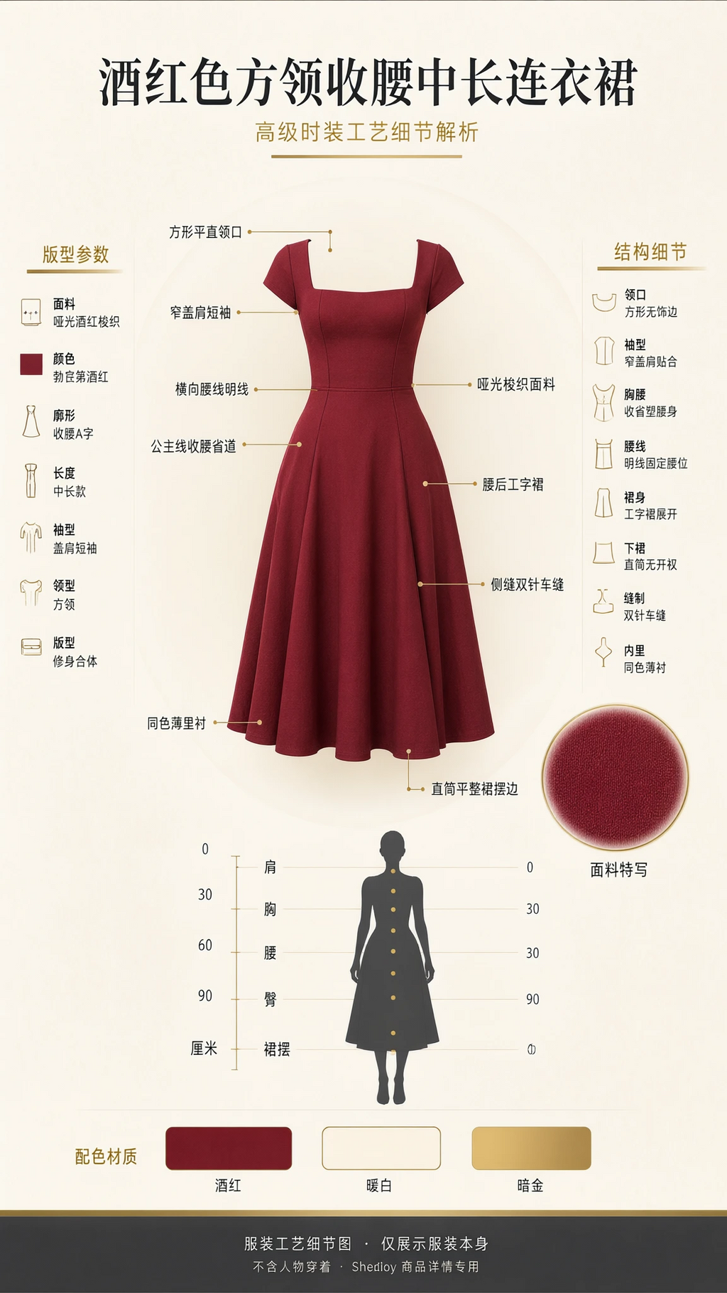 Technical design diagram and specification sheet for Wine Red square neck midi dress