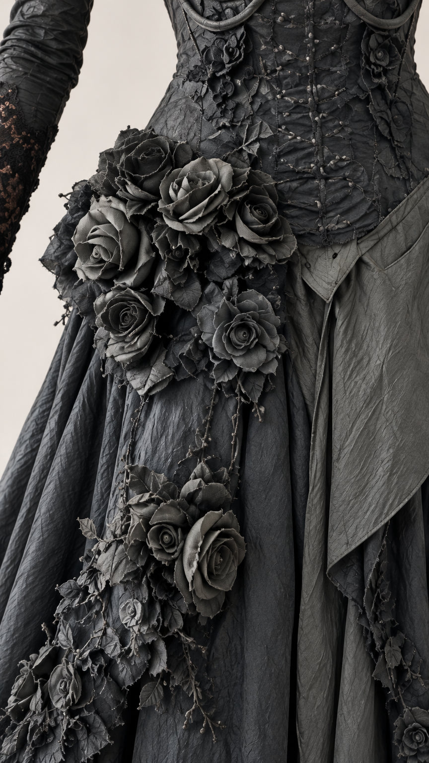 Close-up detail of 3D fabric rosettes and textured crinkle fabric on gothic gown skirt