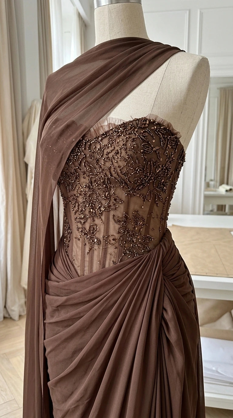 Close-up detail of sheer brown corset bodice showing boning and beaded floral embroidery