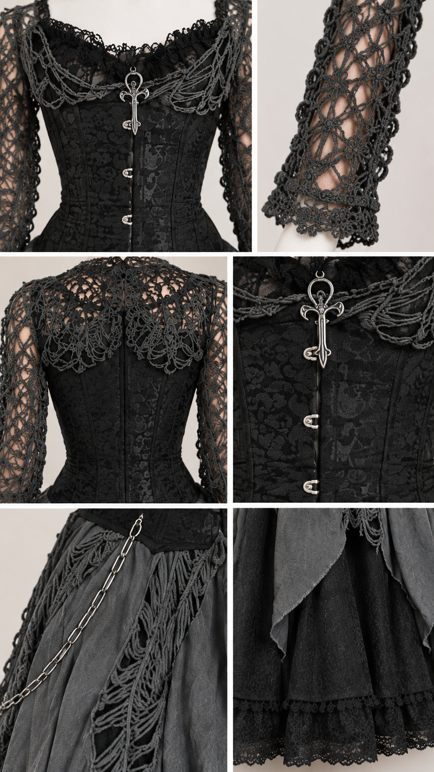 Detailed close-ups of black corset bodice, key hardware, crochet sleeve, and draped skirt chain