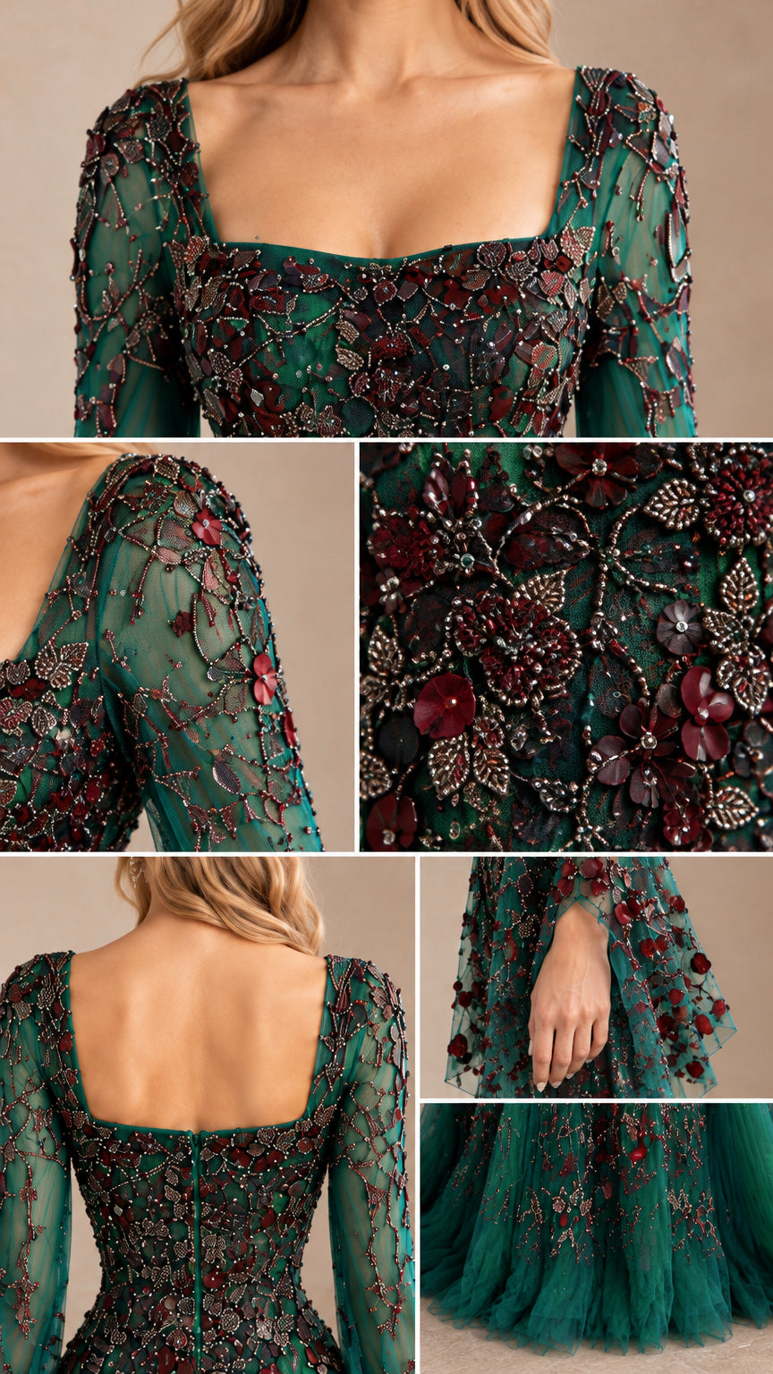 Close-up details of square neckline, embroidered bell sleeve cuff, beaded bodice, and tulle hem
