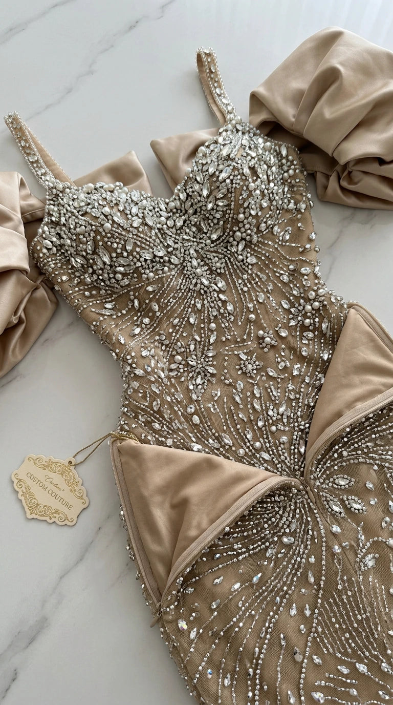 Close-up flat lay detail of Champagne evening gown displaying intricate sequin and rhinestone beading