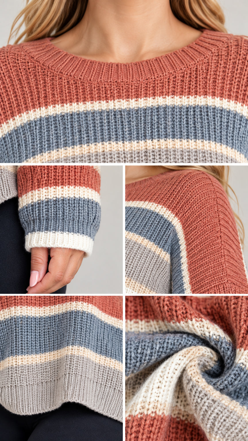 Close-up collage showing knit texture, crewneck ribbing, sleeve cuffs, and hem details